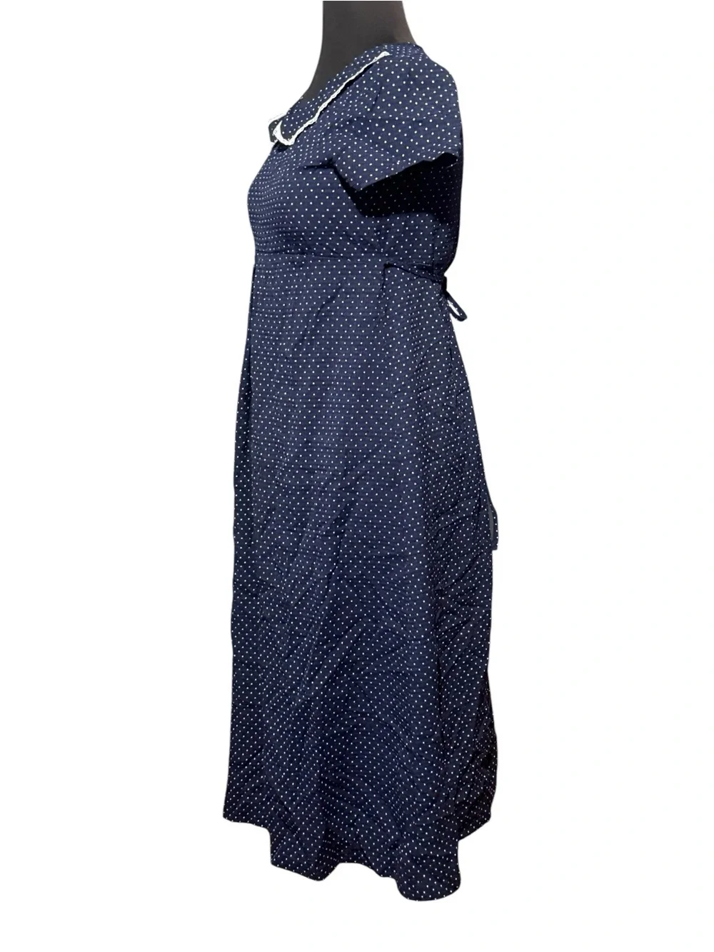 Vintage Simply Basic Girls 16 Navy Polka Dot Peter Pan Collar Maxi Dress Modest